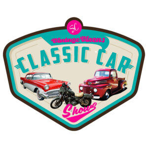 Logo for a classic car show with images of a red vintage car, a red truck, and a black motorcycle.