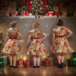 Three women in patterned dresses stand with their backs to the camera, surrounded by Christmas gifts and festive decorations.