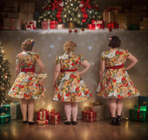 Three women in patterned dresses stand with their backs to the camera, surrounded by Christmas gifts and festive decorations.