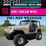 Poster advertising a raffle to win a 1994 Jeep Wrangler; proceeds benefit PTSD awareness.